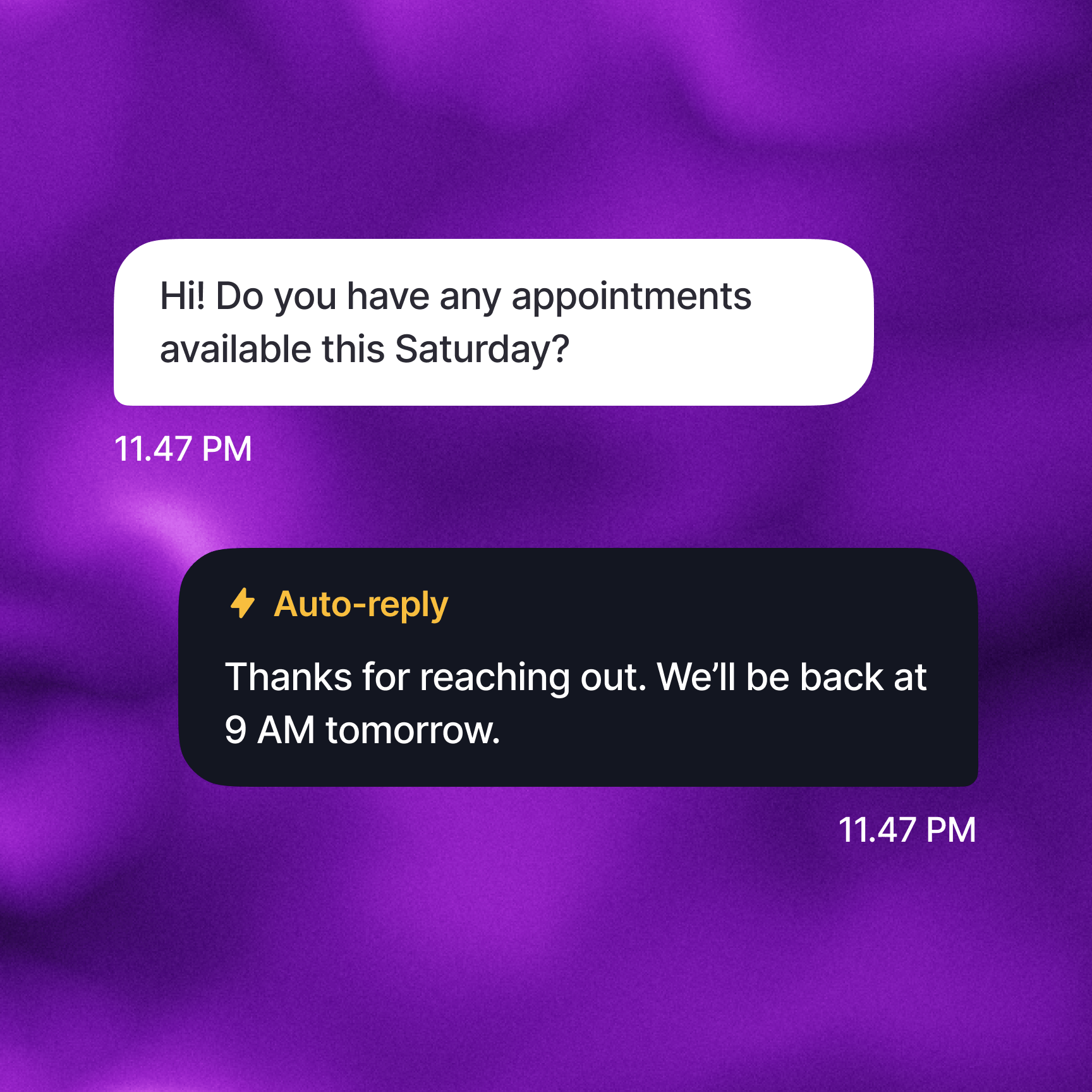 Customer texts a business after hours asking about Saturday appointment availability and receives an automated SMS reply with the next opening time