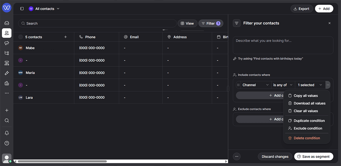 Whippy contacts filter menu showing bulk actions: copy, download, and clear all values for an advanced multiselect filter condition