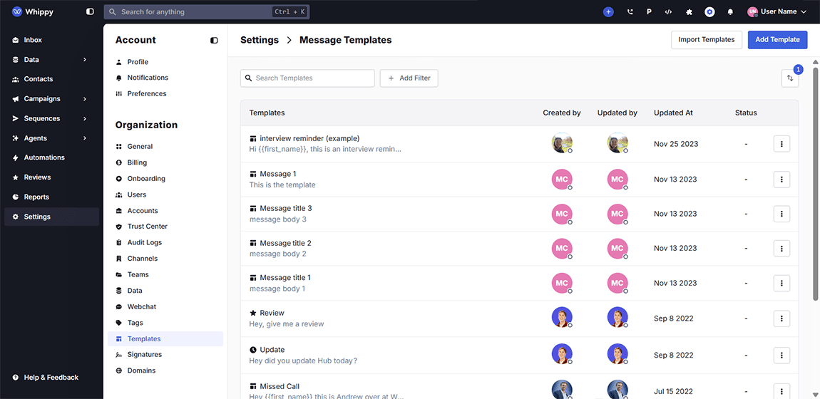 Whippy dashboard interface showing Settings → Message Templates page, with a searchable list of templates (e.g., interview reminders, review requests, missed call messages), columns for creator, last update, and status, plus options to import or add new templates.