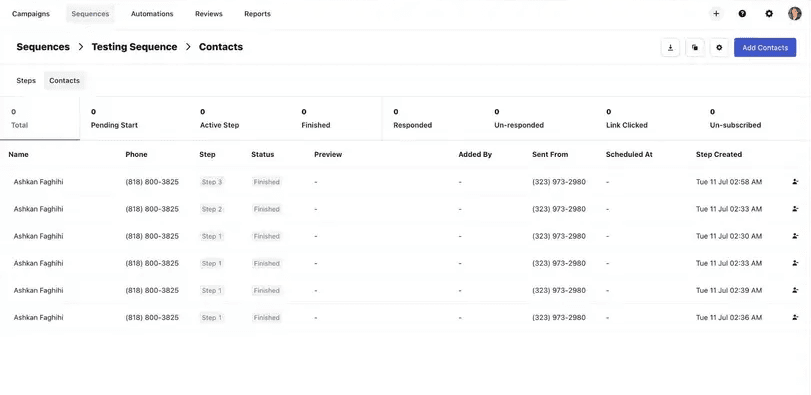 Whippy sequence contacts view showing contact status, sequence steps, sending numbers, and step creation times