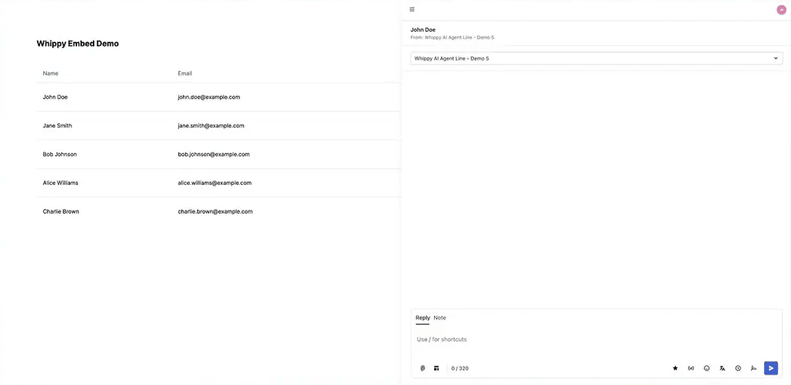 Whippy Embed Demo dashboard with a contact list and email addresses on the left, and a messaging interface on the right showing a selected contact, AI agent line dropdown, and text reply input box.