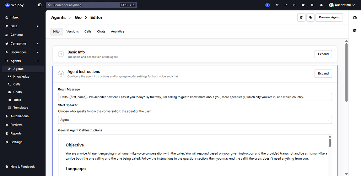 Whippy AI agent builder interface displaying how to configure agent instructions, voice AI settings, and automated call workflows in the dashboard.