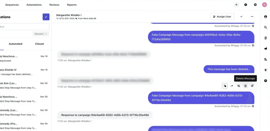 Whippy messaging inbox screenshot showing a conversation thread with automated campaign messages and a Delete Message option for hiding or removing sent texts