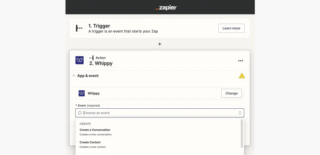 Zapier integration setup showing Whippy actions to create conversations, contacts, and automated workflows