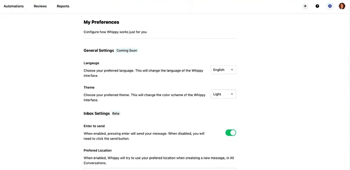 Whippy user preferences page showing language, theme, enter-to-send, and preferred location settings