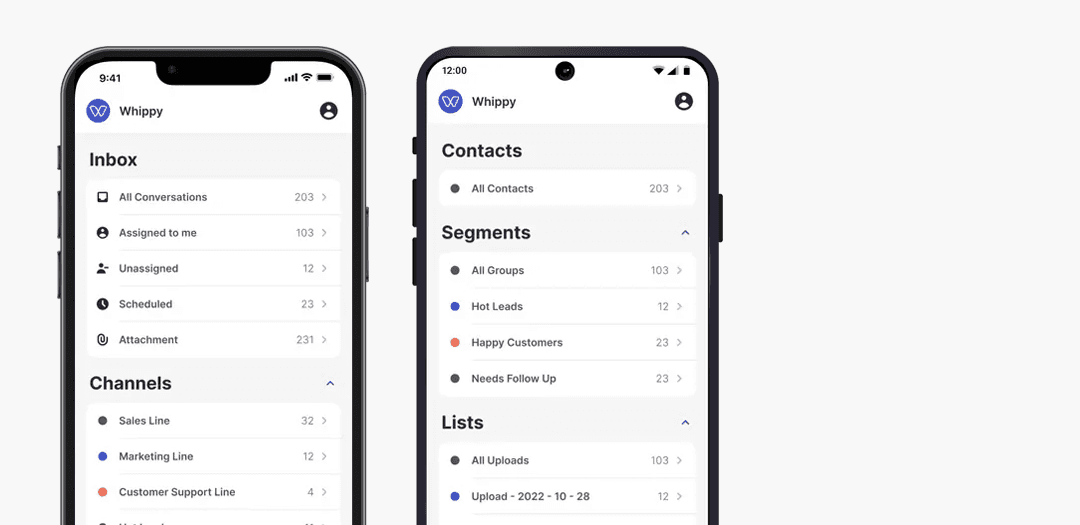 Whippy mobile apps for iOS and Android showing inbox, contacts, segments, lists, and communication channels