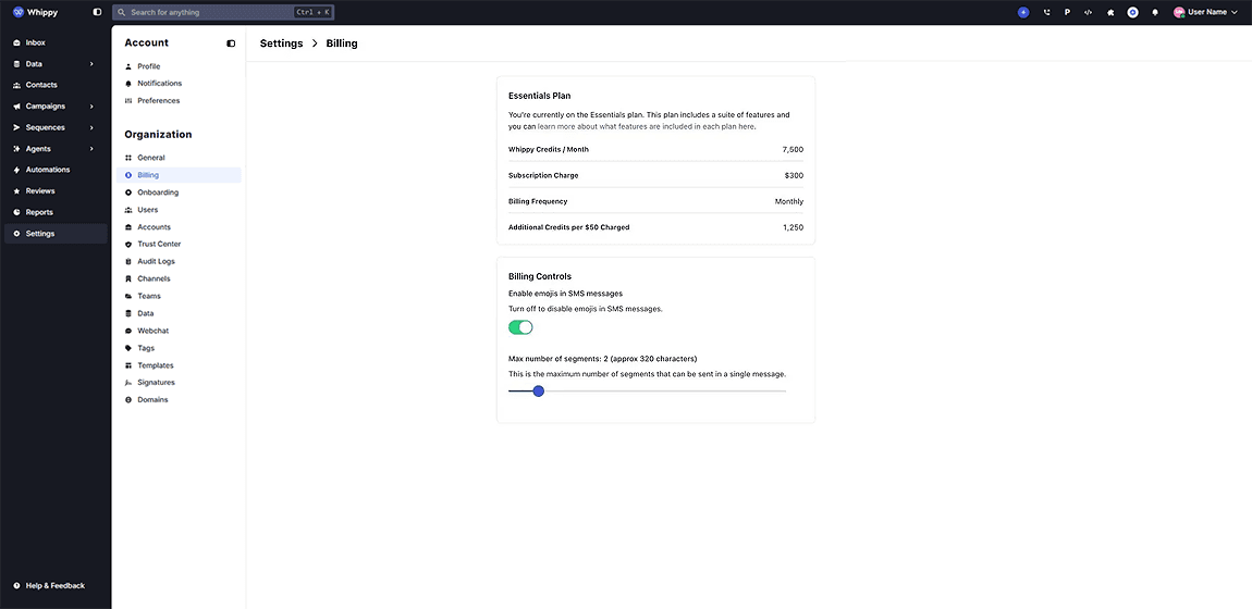 Whippy dashboard billing settings page showing the Essentials Plan details (monthly credits, subscription charge, billing frequency, and additional credit cost), along with billing controls including an emoji toggle for SMS messages and a slider to set the maximum number of message segments.