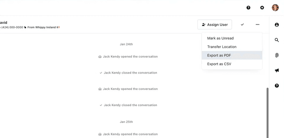 Whippy conversation view showing the conversation actions menu with options to assign a user, mark as unread, transfer the conversation, or export the conversation history as a PDF or CSV