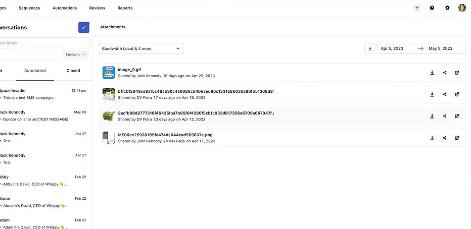 Whippy inbox attachments view showing shared files with date filters and options to download, share, or open attachments