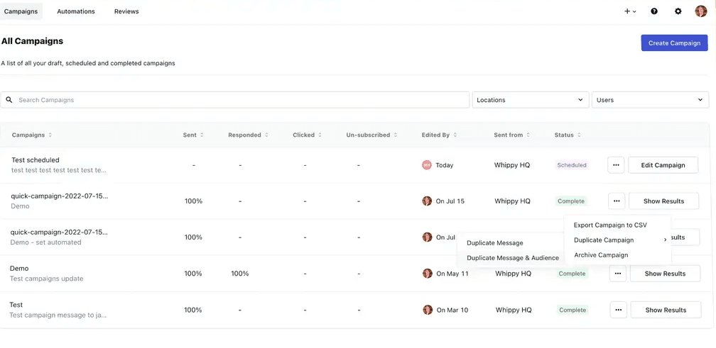 Whippy All Campaigns dashboard showing campaign search, location and user filters, campaign performance metrics, status, and options to duplicate, export, archive, edit, or view campaign results