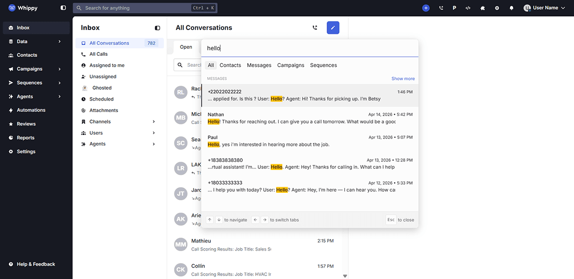 Whippy AI inbox dashboard with global search open, showing results for “hello” across messages, including conversations from multiple contacts with highlighted keyword matches and timestamps.