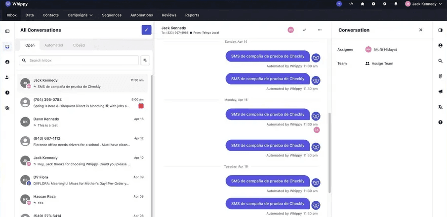 Whippy inbox showing conversation management with draggable, collapsible side navigation and assignee and team controls