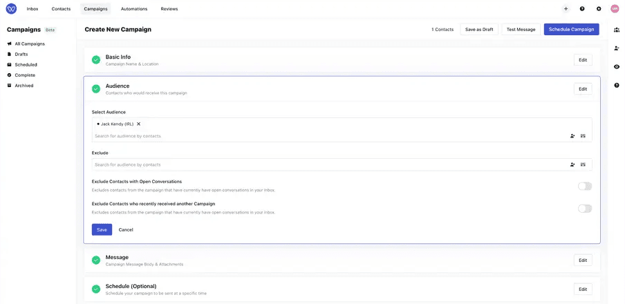 Whippy Create New Campaign editor showing audience selection, contact exclusion options, message settings, scheduling, and campaign controls