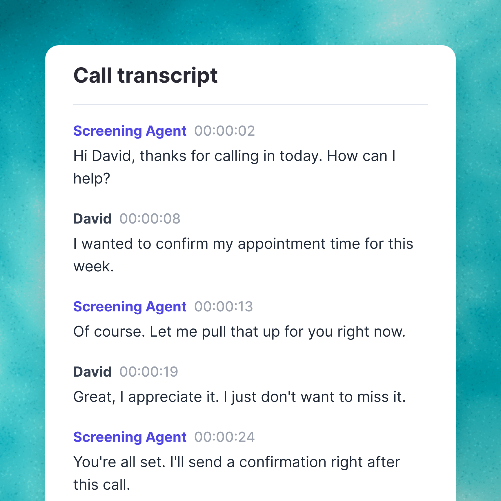 Whippy call transcript showing a timestamped conversation between a Screening Agent and a customer confirming an appointment