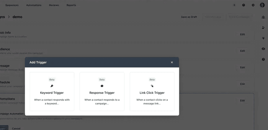 Whippy campaign automation settings showing keyword, response, and link click triggers for automated follow-up actions