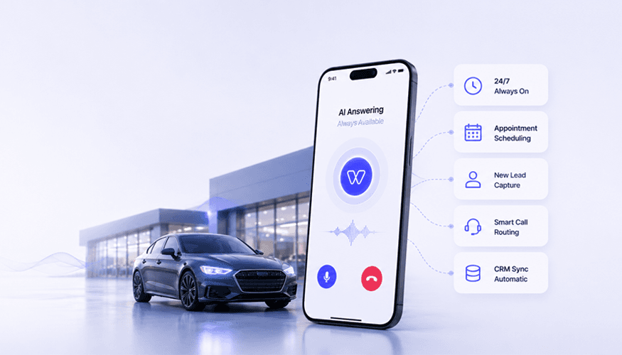 AI automotive answering service dashboard with smartphone call assistant, dealership showroom, luxury car, and automated features like 24/7 call answering, appointment scheduling, lead capture, smart call routing, and CRM sync for car dealerships