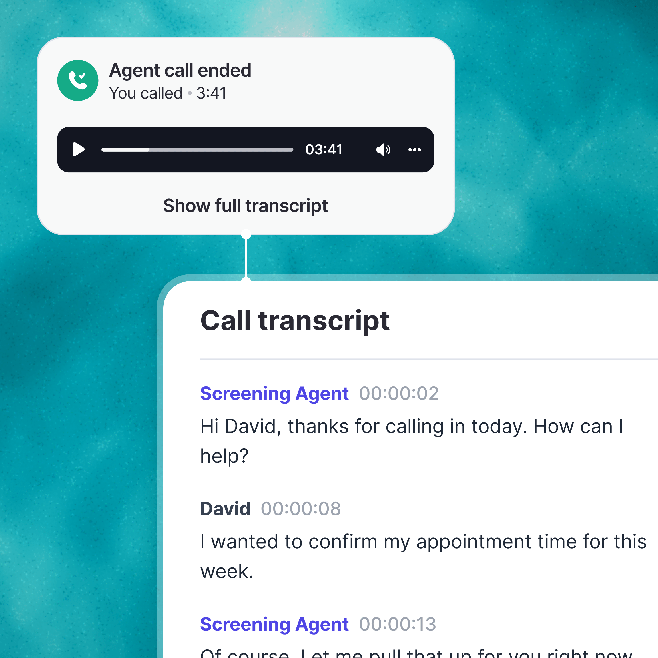 Whippy ended call with recording player and expandable full transcript showing agent and customer dialogue
