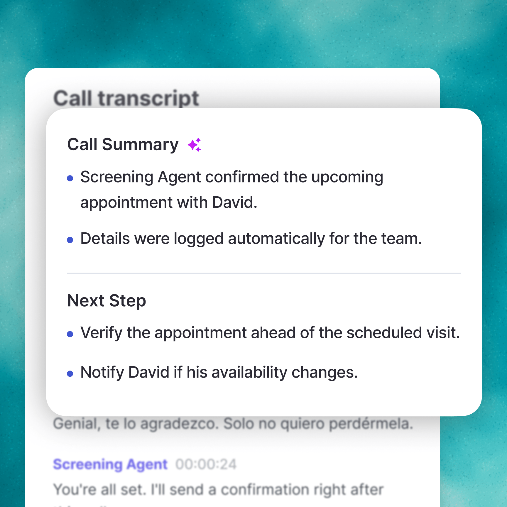 Whippy call summary and next steps generated from a translated call transcript between a screening agent and customer
