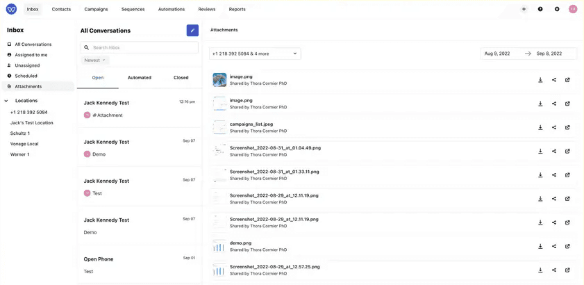 Whippy Inbox Attachments view showing shared files from customer conversations with contact and date filters plus options to download, share, or open each attachment