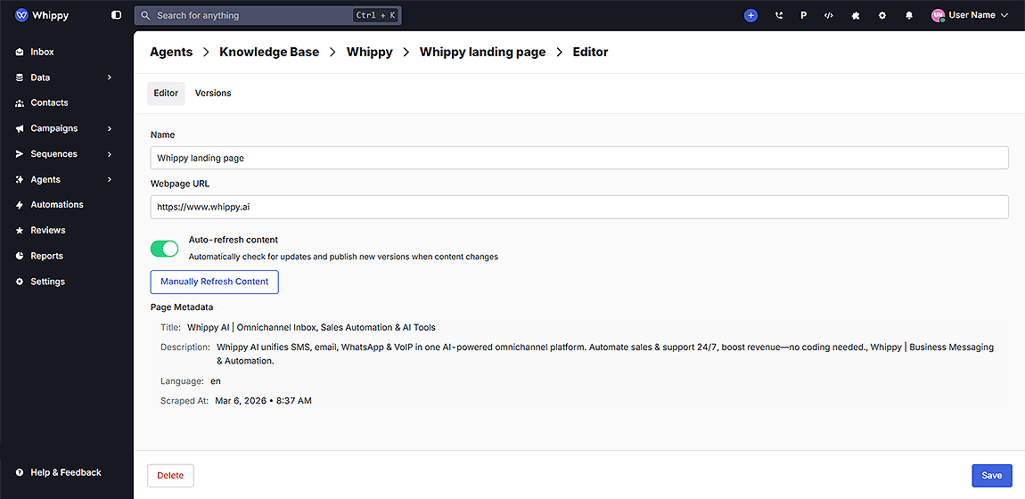 Screenshot of the Whippy AI Knowledge Base editor showing the Whippy landing page URL with auto-refresh enabled, page metadata fields (title and description), and a manual content refresh option in the AI agent training interface.