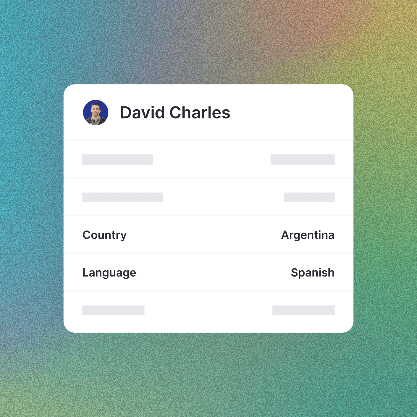 Contact profile card for David Charles showing stored user details, including country set to Argentina and preferred language set to Spanish, illustrating saved language preferences for personalized messaging.