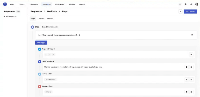 Whippy sequence automation showing a feedback message with keyword trigger, automated response, user assignment, and tag removal