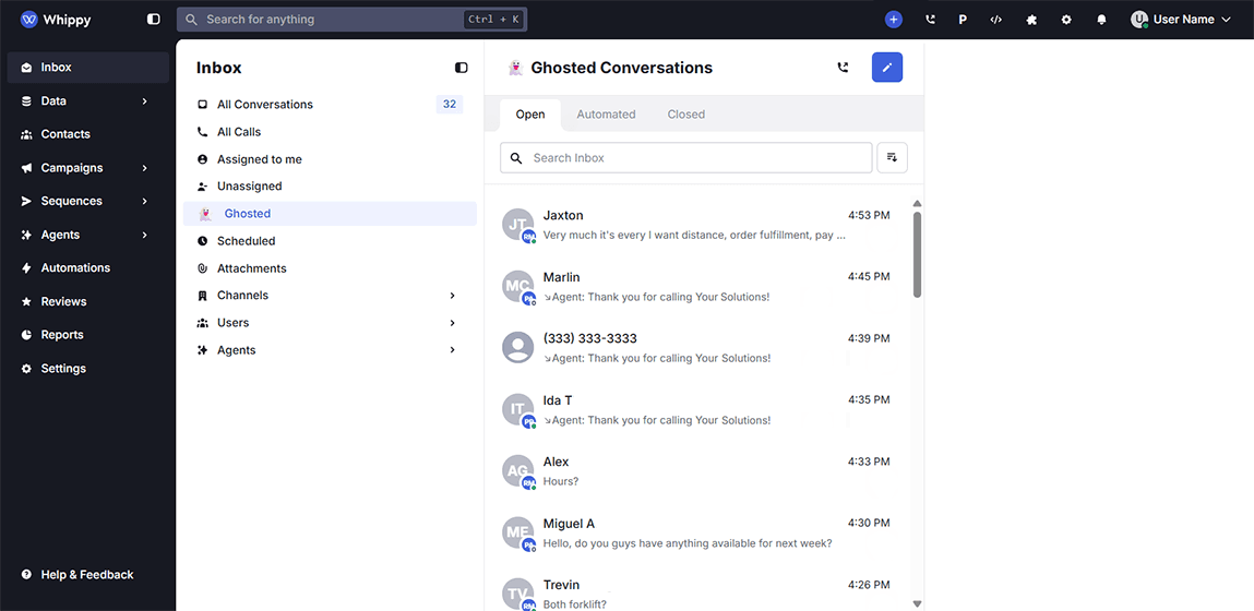 Whippy AI inbox dashboard displaying the “Ghosted Conversations” view, with a list of inactive or unresponsive customer messages, including contact names, message previews, timestamps, and navigation filters for open, automated, and closed conversations, alongside a sidebar menu for managing conversations, contacts, campaigns, sequences, and automation tools.