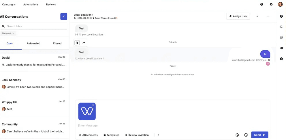 Whippy shared team inbox showing conversation history, user assignment controls, message composer with attachments and templates, and a centralized inbox for managing customer conversations across locations