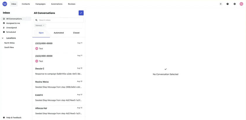 Whippy Inbox showing the default All Conversations view with open, automated, and closed message tabs, location filters, conversation search, and customer message previews
