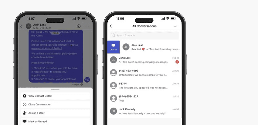 Whippy mobile inbox showing conversation actions to mark messages as unread, assign users, view contact details, or close conversations