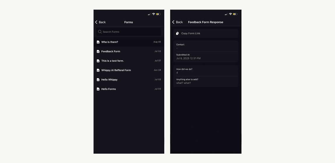 Dark-mode mobile interface showing a list of forms in a messaging app and a detailed feedback form response with contact information, submission time, and answers to feedback questions.