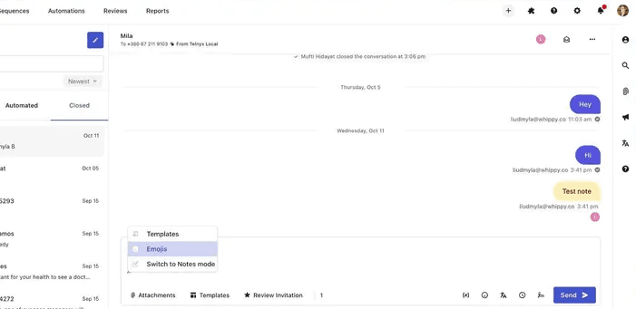 Whippy inbox message editor showing shortcuts for templates, emojis, and switching to notes mode