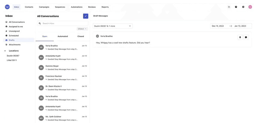 Whippy inbox showing saved draft messages with options to review, edit, and manage unsent conversations