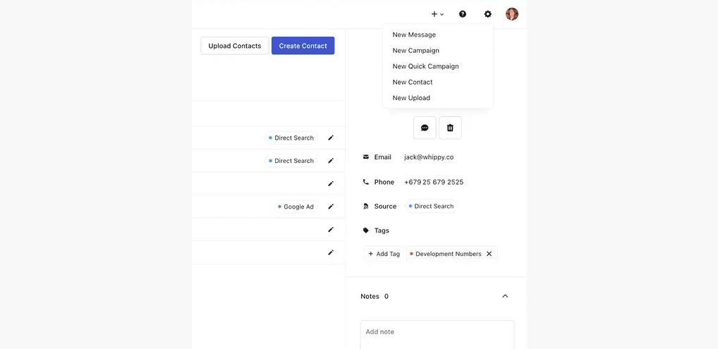 Contact management interface with quick actions menu for creating new messages, SMS campaigns, contacts, and uploads, alongside detailed contact information, tags, notes, and communication management tools