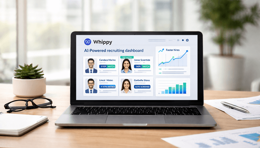 Laptop on a desk displaying the Whippy AI-powered recruiting dashboard, featuring candidate profiles with match scores, automated screening statuses, and performance charts indicating faster hiring insights.