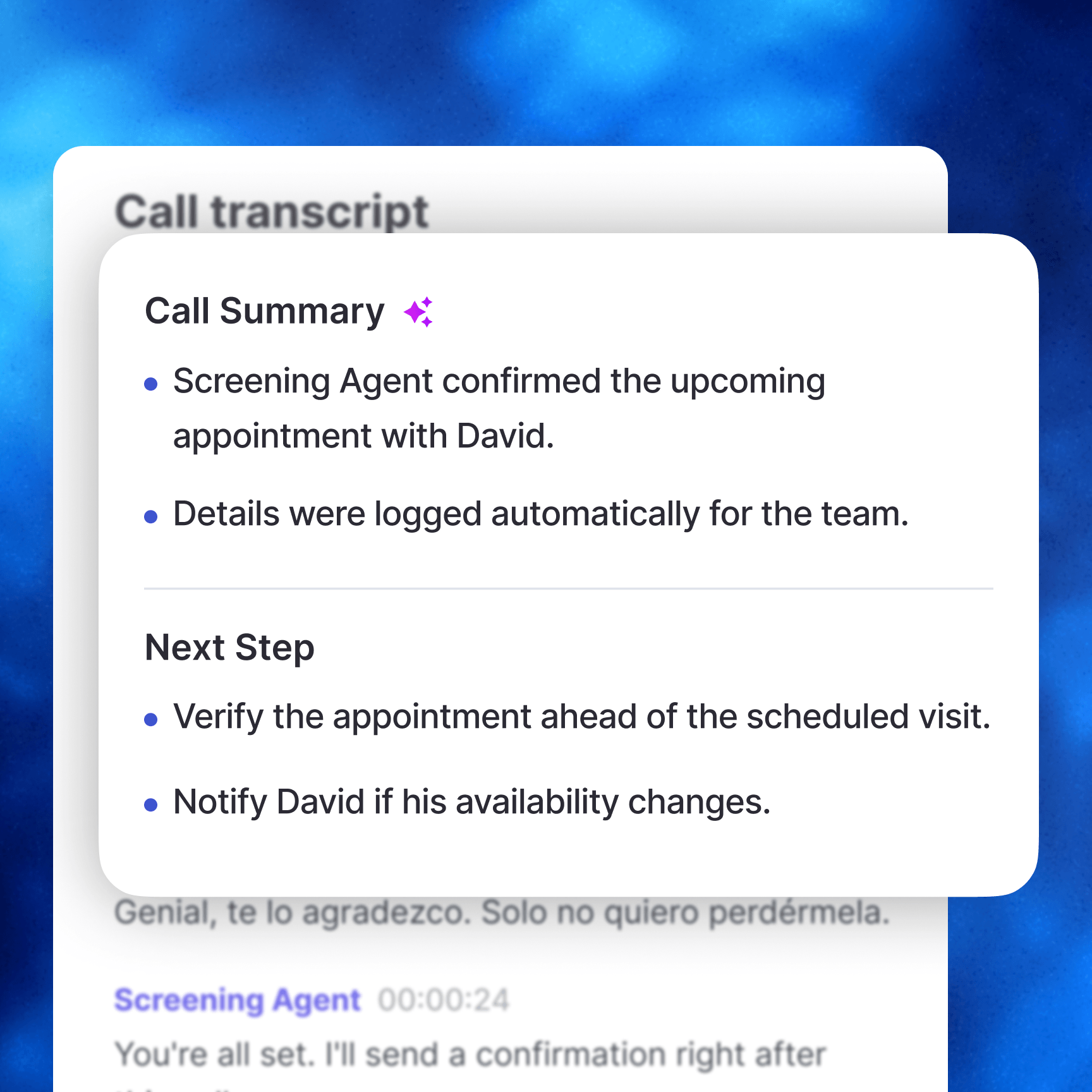 Whippy call summary and next steps generated from a translated call transcript between a screening agent and customer