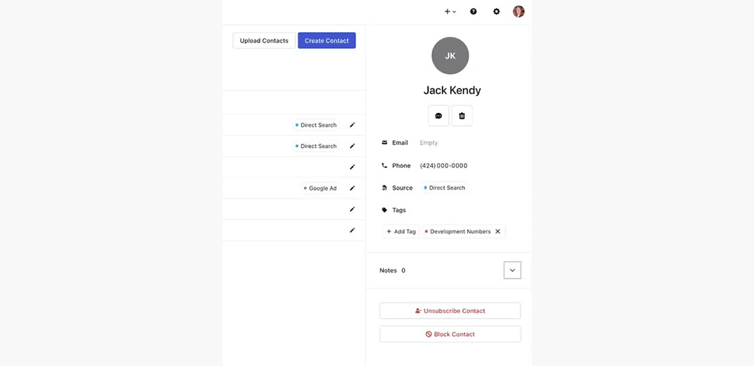 Whippy AI contact management screen displaying a customer profile with contact details, tags, notes, unsubscribe option, block contact controls, and contact creation tools for business SMS communication