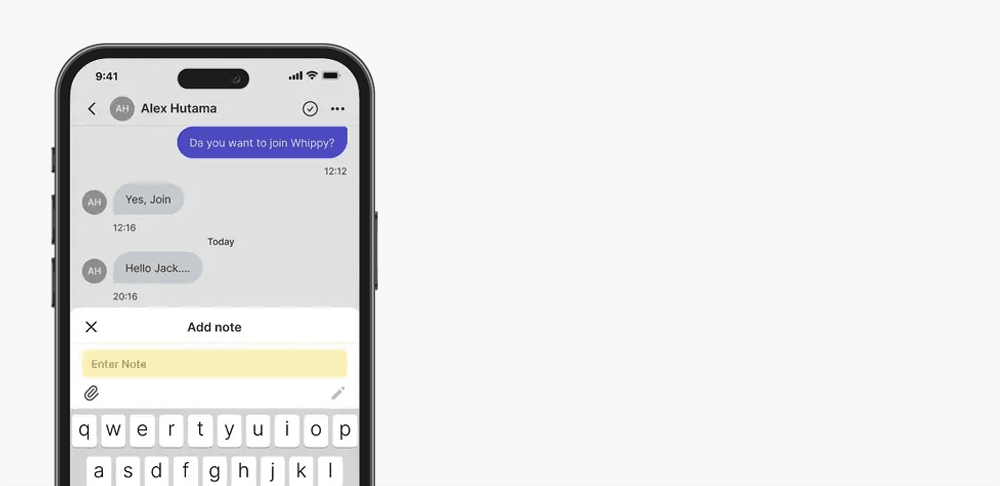 Whippy mobile inbox conversation showing the Add Note feature for adding notes to a contact conversation