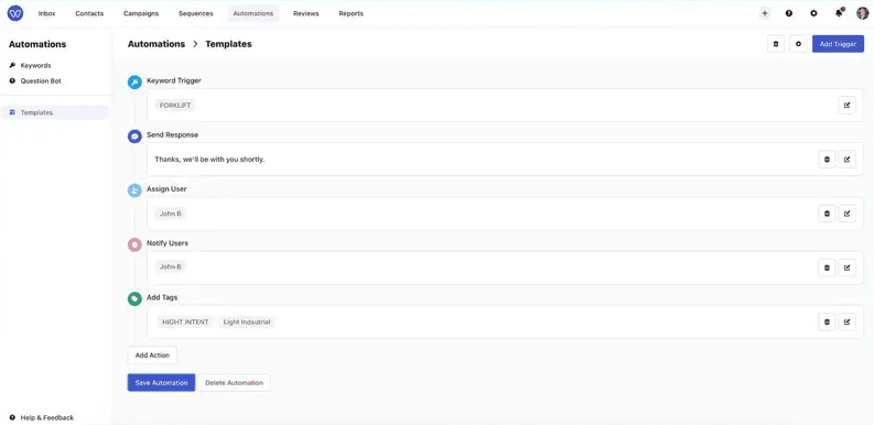 Whippy automation template with a keyword trigger and actions to send a response, assign and notify a user, and add contact tags