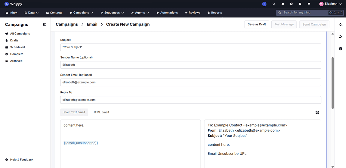 Whippy campaign builder interface showing email campaign setup with subject, sender email, and unsubscribe settings