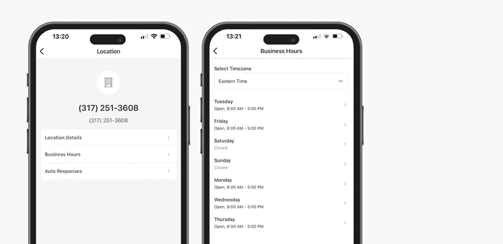 Whippy mobile settings showing location details, business hours, timezone, and auto response configuration