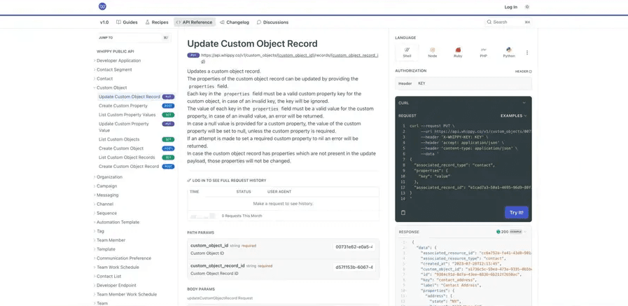 Whippy Public API documentation showing how to update custom object records with request parameters, code examples, and API responses