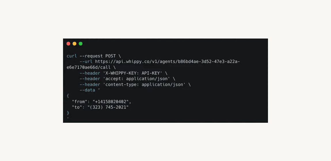 Code snippet showing a cURL POST request to the Whippy API endpoint for initiating an outbound agent call, including headers for authentication and JSON data with ‘from’ and ‘to’ phone numbers.