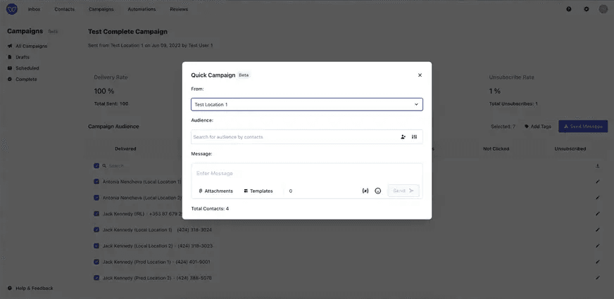 Quick SMS campaign creation interface in Whippy AI showing sender selection, audience search, message composer, attachments, templates, and send message options for bulk text messaging
