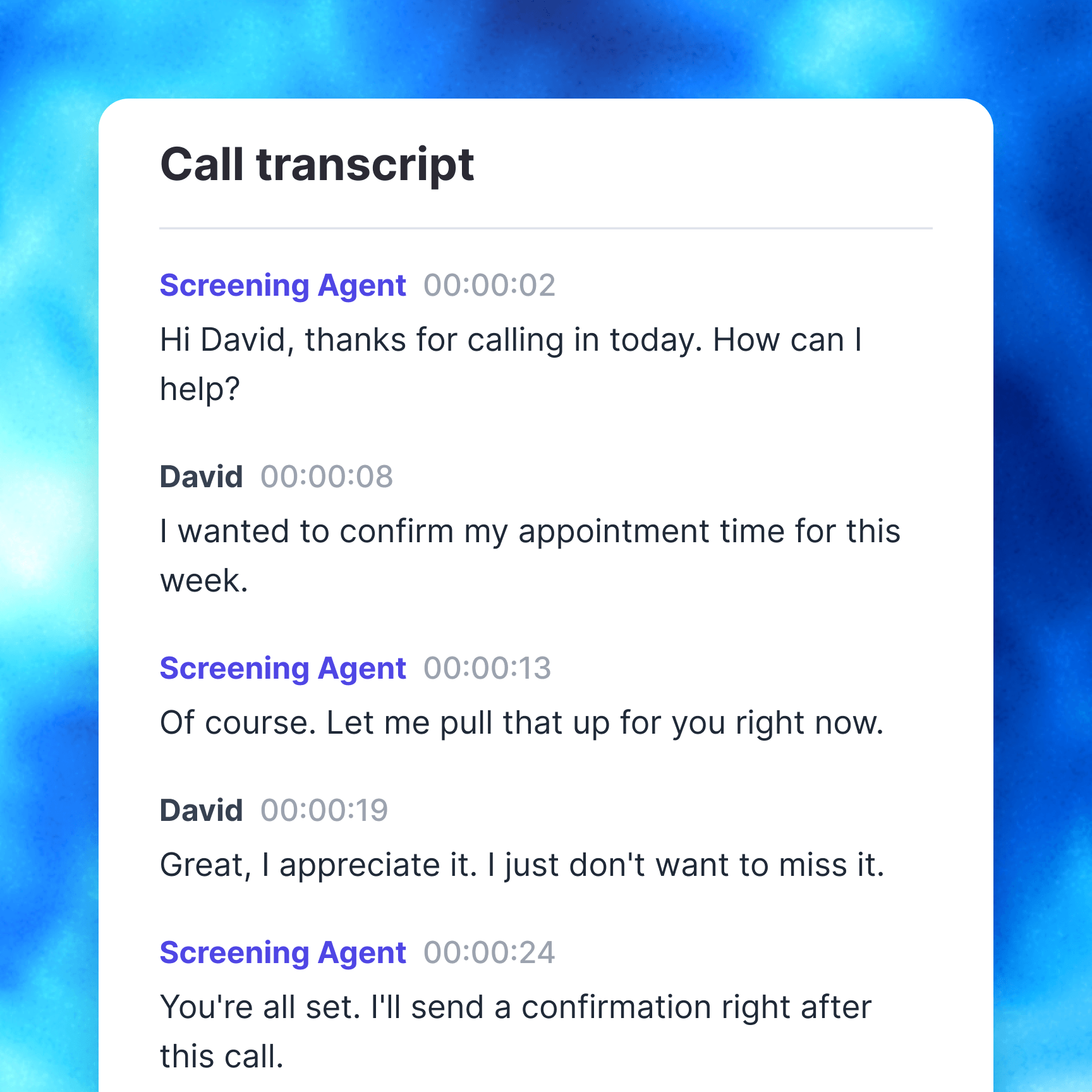 Whippy call transcript showing a timestamped conversation between a Screening Agent and a customer confirming an appointment