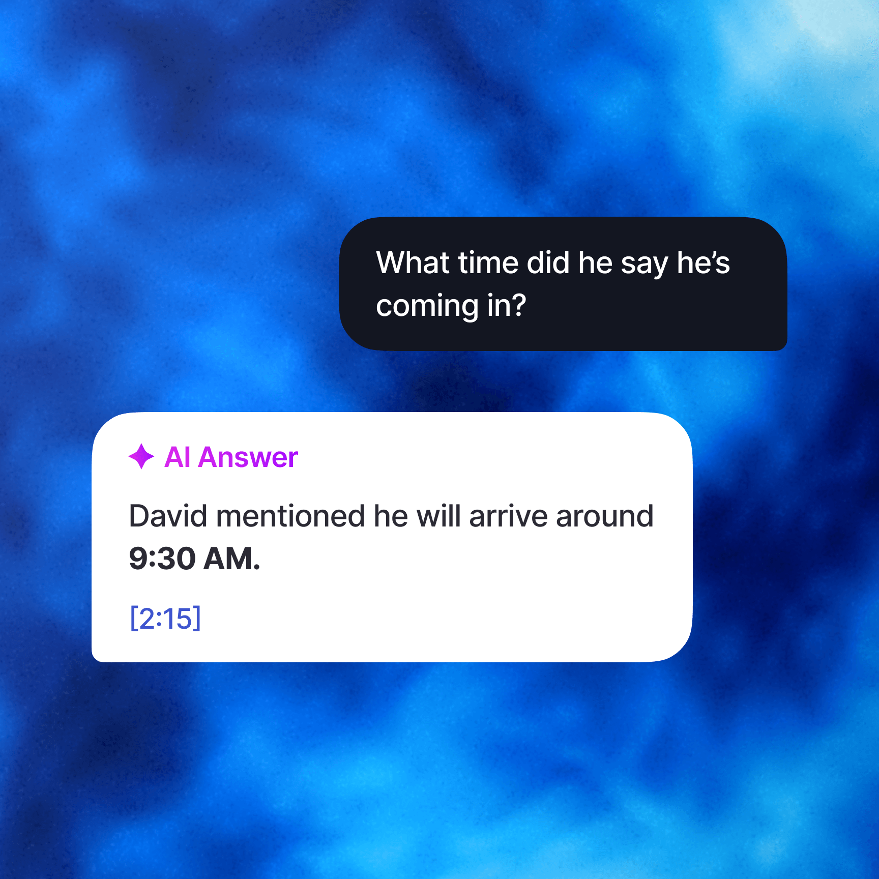Whippy AI Search answering a plain language question with the exact detail and timestamp from a call transcript