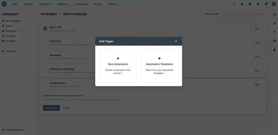 Whippy campaign automation trigger dialog with options to create a new automation or select an automation template