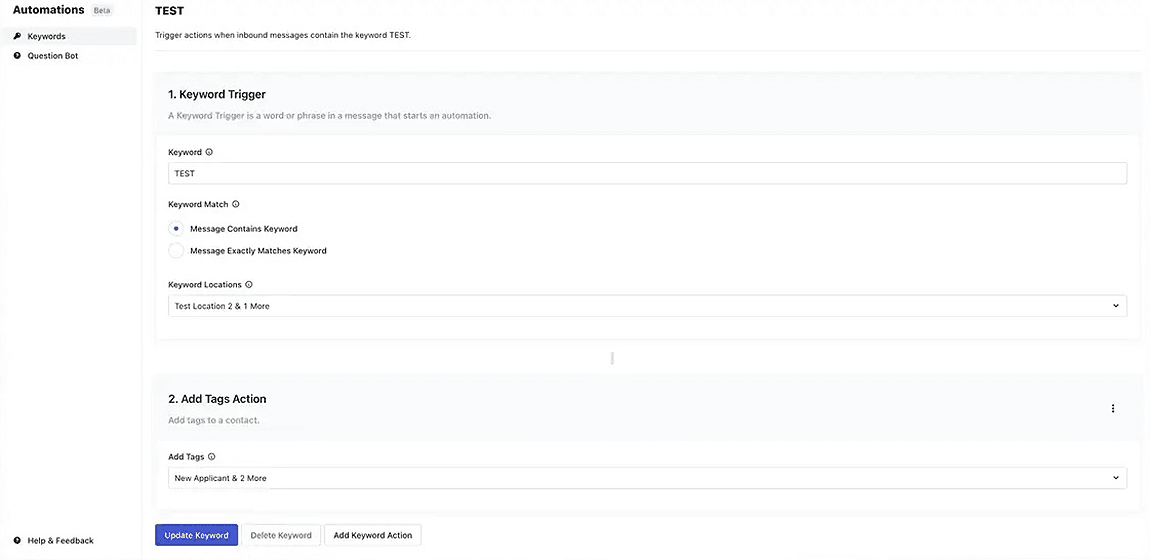 Whippy keyword automation settings showing a keyword trigger configured to detect inbound messages containing "TEST," apply contact tags across selected locations, and manage automated keyword actions