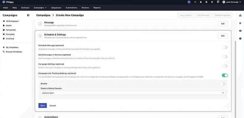 Whippy campaign link tracking settings panel with domain selector showing jacksms.com