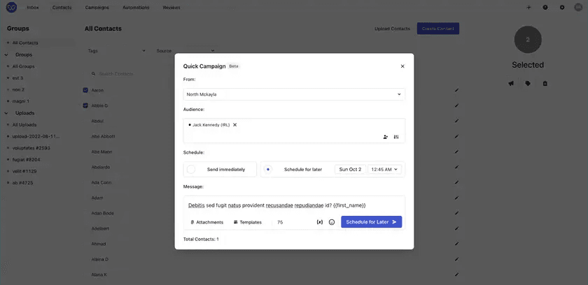 Whippy Quick Campaign editor showing audience selection and scheduling options to send a personalized campaign immediately or at a selected date and time